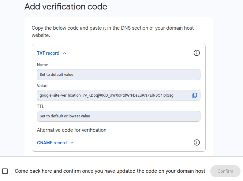 Copiar el valor TXT en Google Workspace